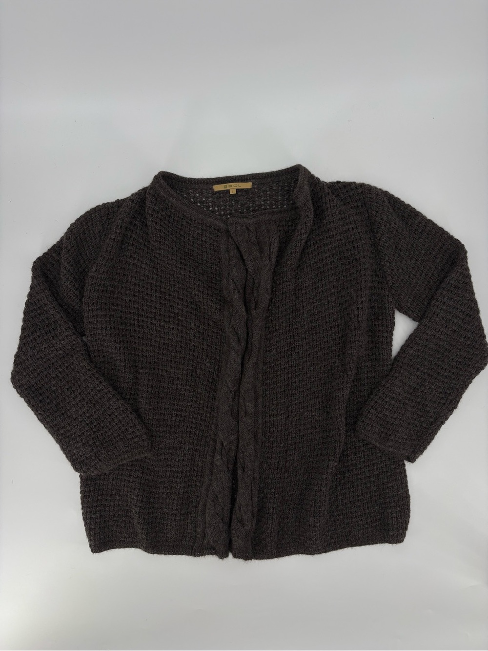 Sol 100% Baby Alpaca Soft Cozy Grey Knit Cable Trim Cardigan Sweater Women Large